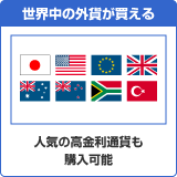 世界中の外貨が買える 人気の高金利通貨も購入可能